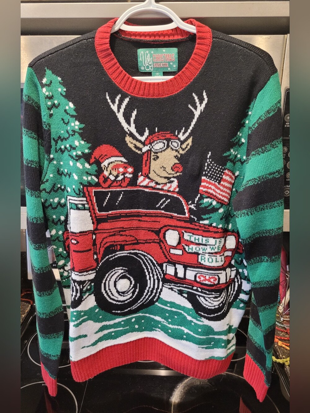 Ugly Christmas Sweater Men’s Red, Green & Black Reindeer Truck Crewneck